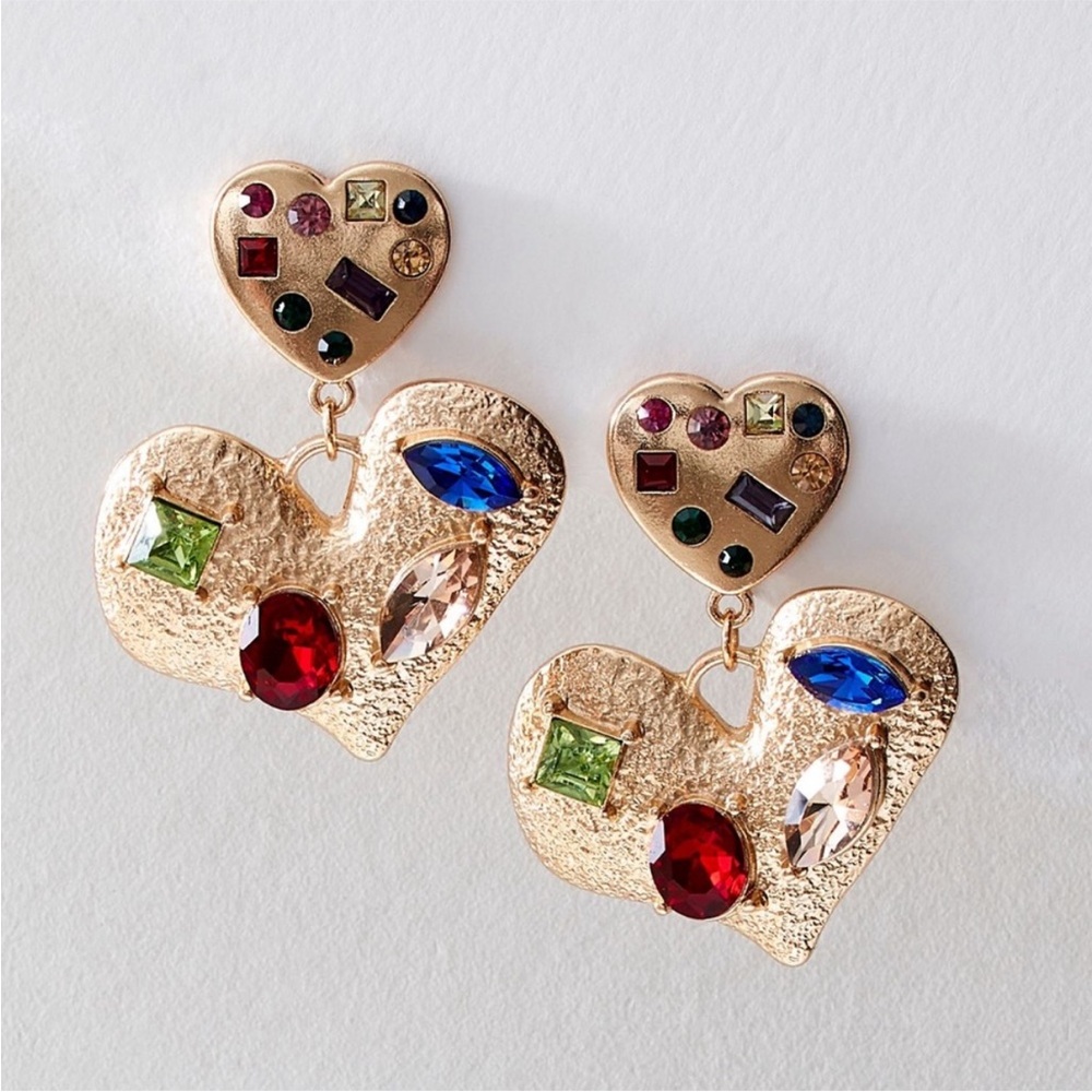 Free People My Everything Dangles Gold Heart Earrings with Multicolor Stones NWT